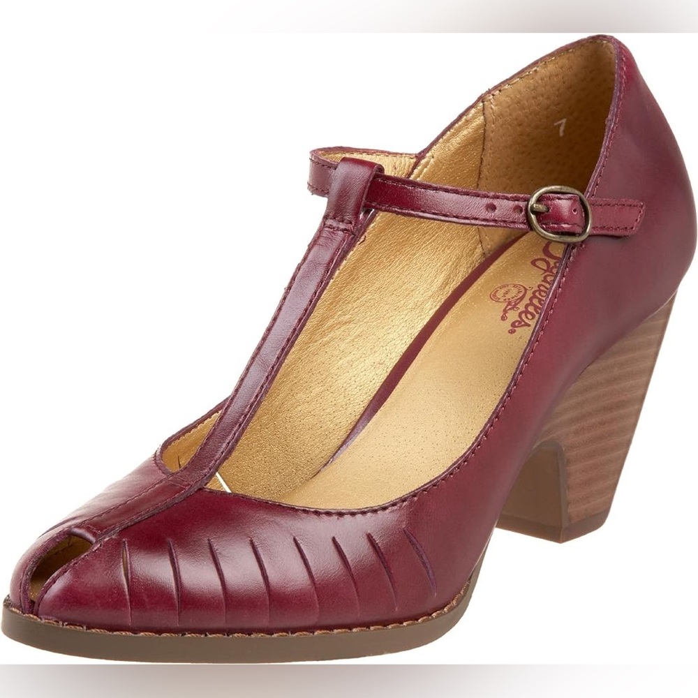 Seychelles 6 Leather Duchess Pump Plum Purple Stack Heels Peep Toe T-Strap Ankle